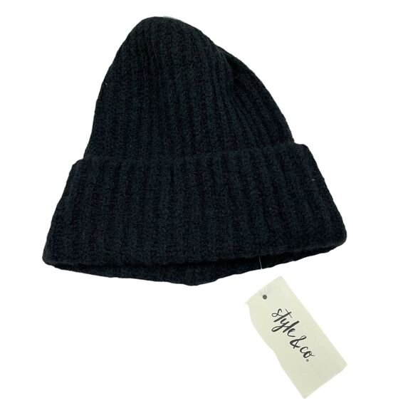 Style & Co Accessories - Style & Co Womens Rib Solid Cuffed Acrylic Blend Beanie Hat Black OS